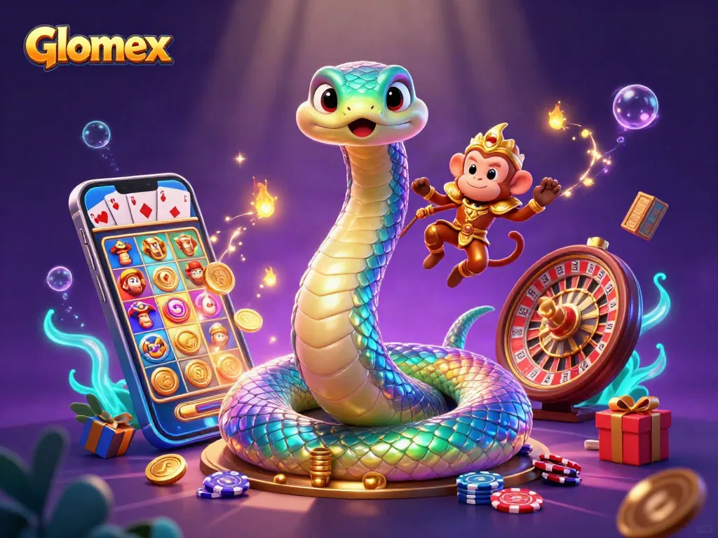 Experience Glomex's vibrant slot game world with colorful characters and dynamic casino elements.