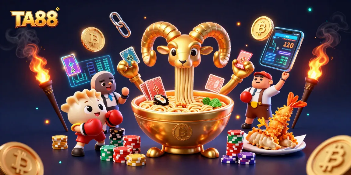 Engage in the TA88 action with a cartoon ramen champion and vibrant casino elements in a glittering scene.