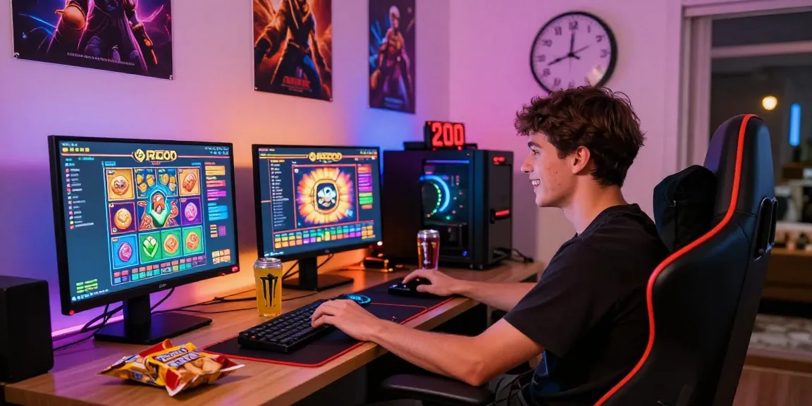 Menikmati slot gacor di rumah dengan monitor game yang cerah dan suasana gamer yang energik.