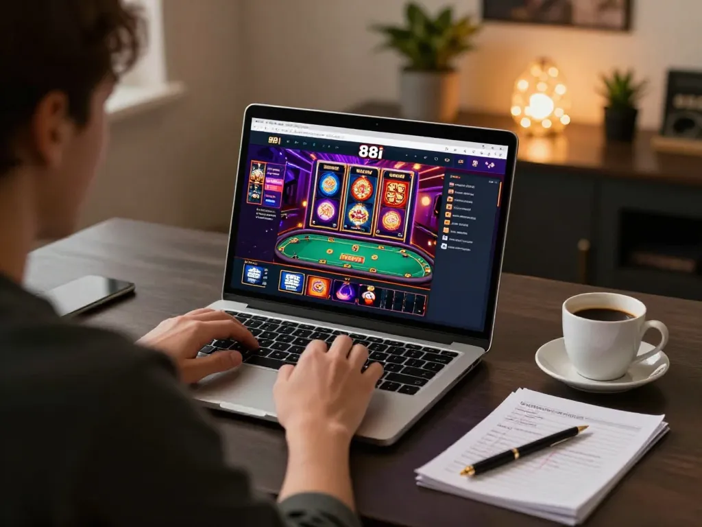 Engaging online gaming scene with 88i interface on a laptop screen, showcasing casino excitement.