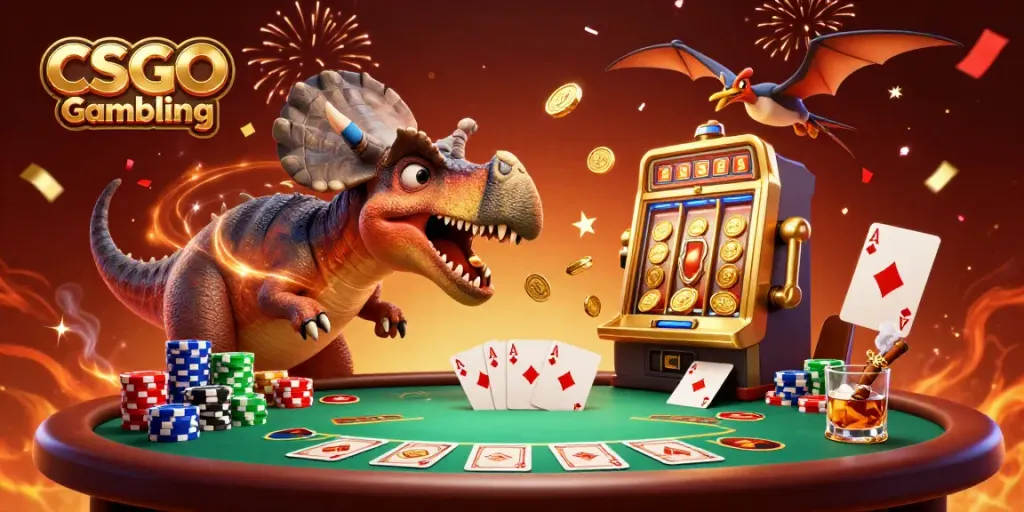 CSGO Gambling scene with dinosaurs celebrating a jackpot win at a vibrant casino.