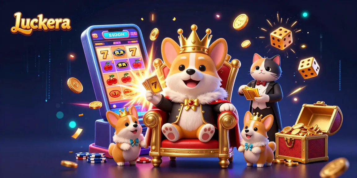 Luckera casino scene featuring a royal corgi on poker chips throne amid slot machine jackpot.