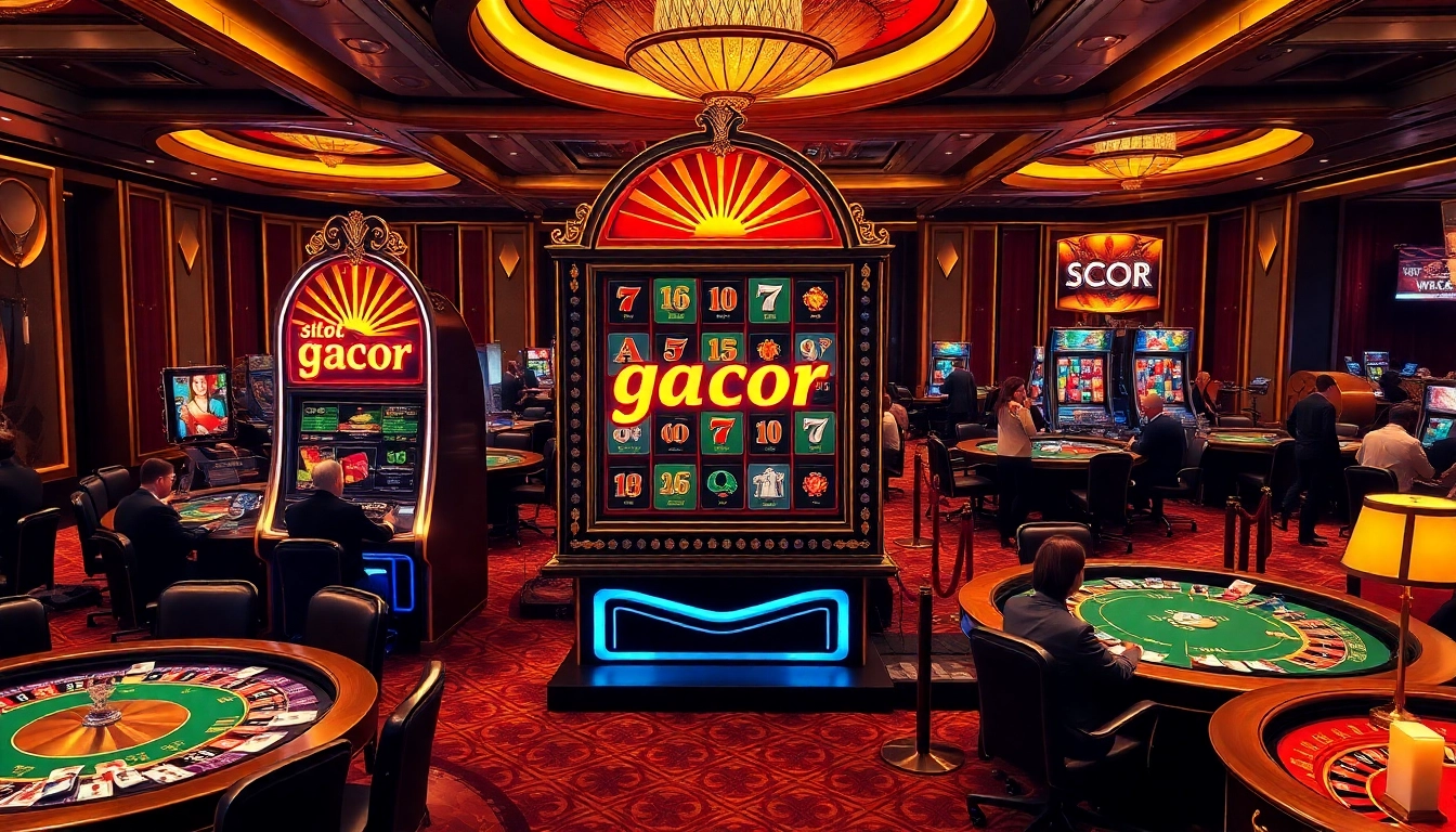 Engage with the thrilling slot gacor experience at a luxurious casino featuring vibrant machines and gaming tables.