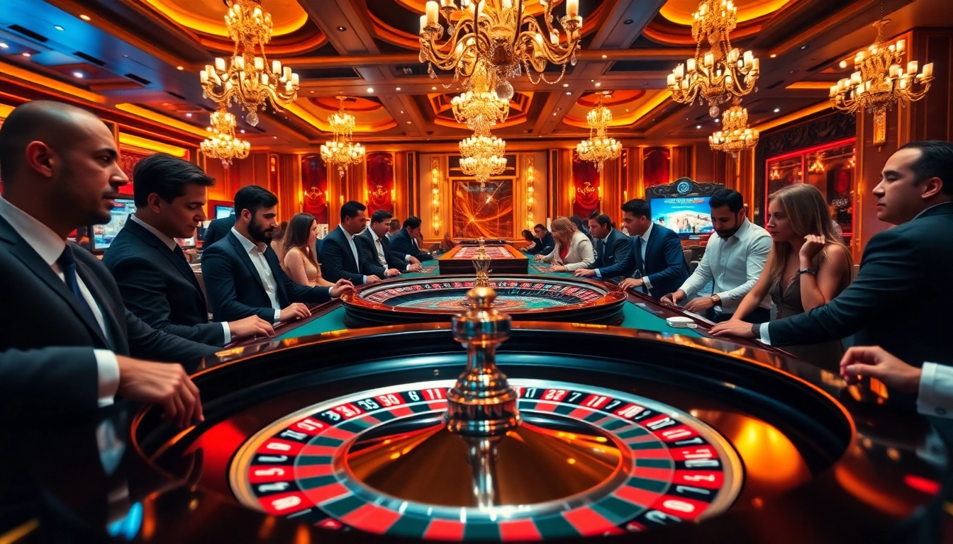 Menghadirkan arus hoki dengan pemain berbinar di meja roulette kasino yang mewah.