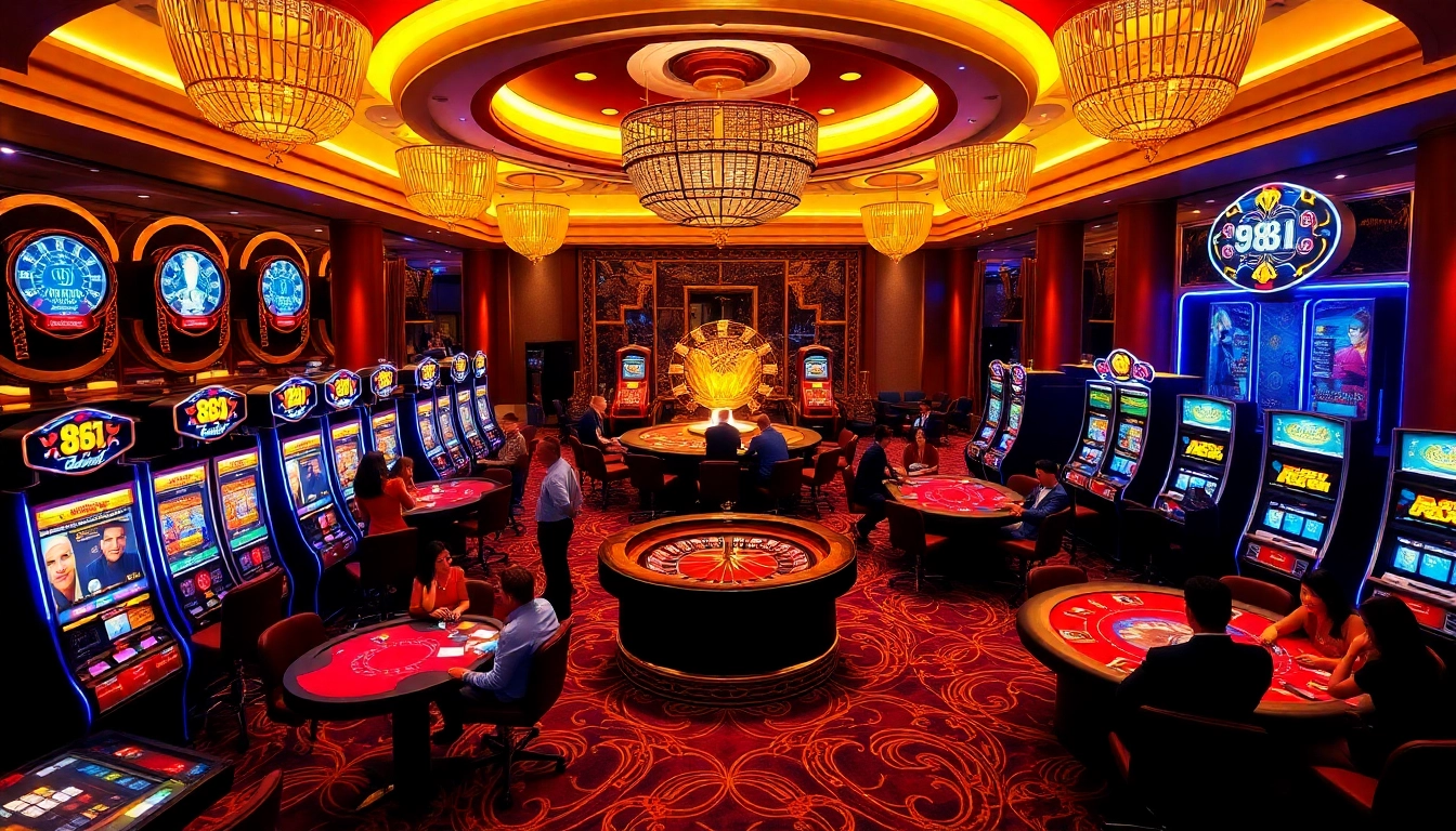 Players enjoying high-stakes games at 88I's luxurious casino, with vibrant tables and slot machines.