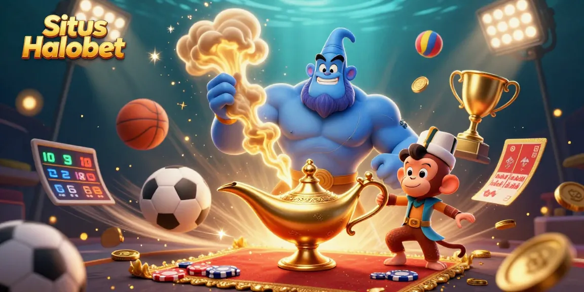 Situs Halobet showcases a dynamic 3D illustration with a genie, monkey, and poker chips amidst sports elements.