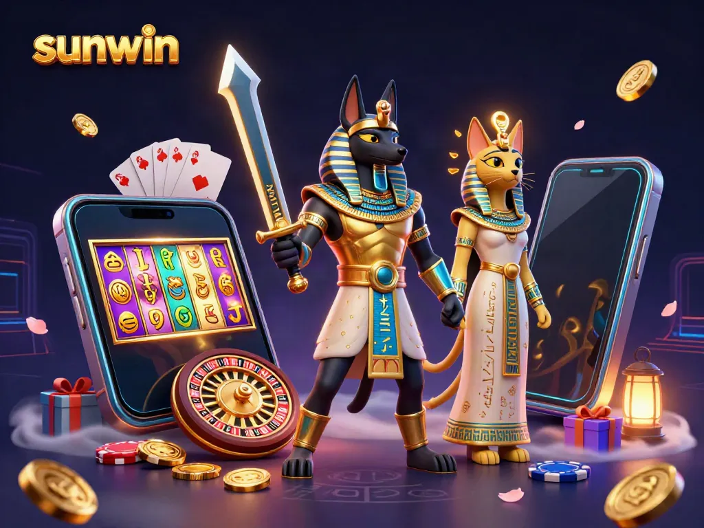 Explore exciting wins at sunwin with a dynamic scene featuring Anubis, Bastet, and vibrant gaming elements.