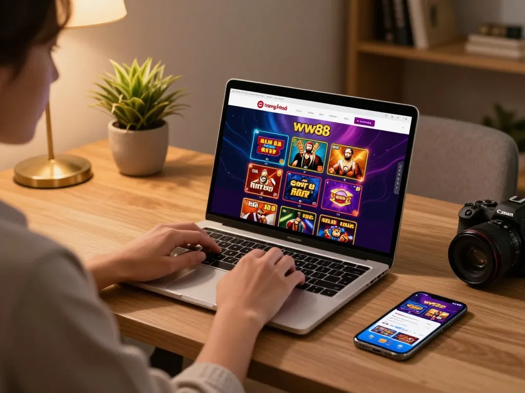 Experience strategic gaming on trang chủ ww88 from a stylish home desk, showcasing the online casino interface.