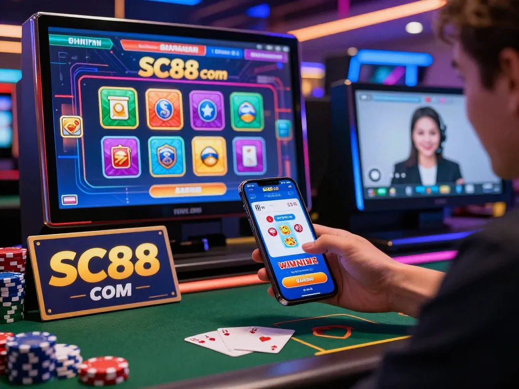 SC88 com mobile app experience in a dynamic online casino setting with vibrant game elements.