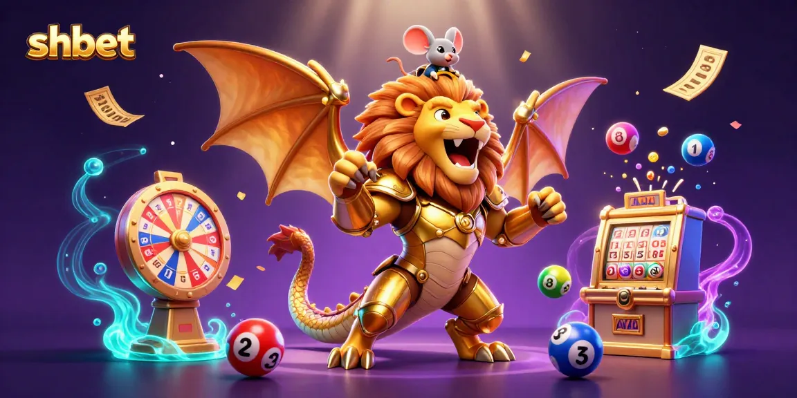 Experience shbet excitement with a majestic chimera creature and lottery elements in a vibrant digital landscape.