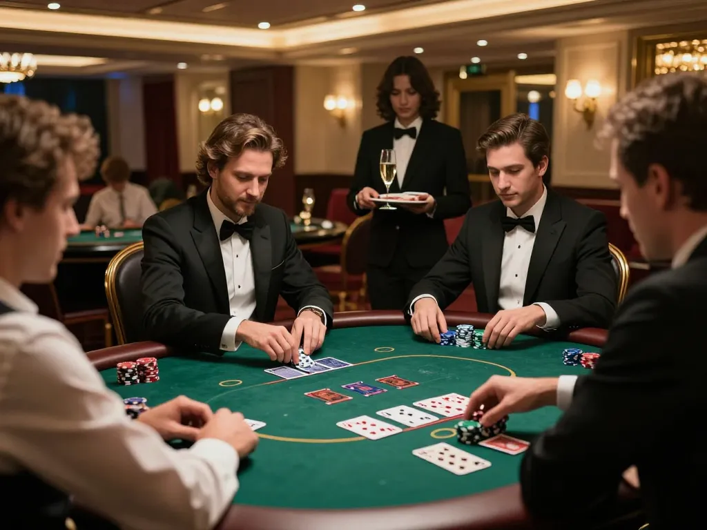 VIPWin players immersed in an exclusive poker game in a glamorous casino setting.