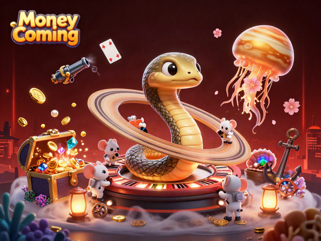 จับภาพเกม Money Coming ในสภาพแวดล้อมคาสิโนที่มีความคึกคักและเปล่งประกาย