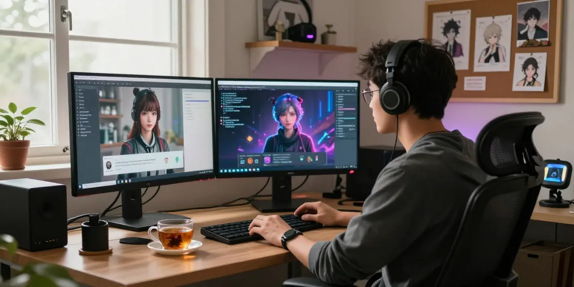 Immersive AI roleplay setup with user interacting with virtual characters in a cozy workspace.