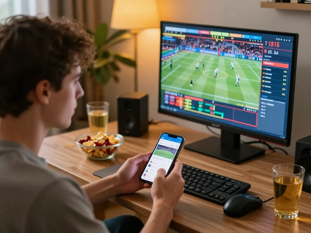 Sports betting action with uu88vn app on mobile, showing live event and strategy notes in cozy home.