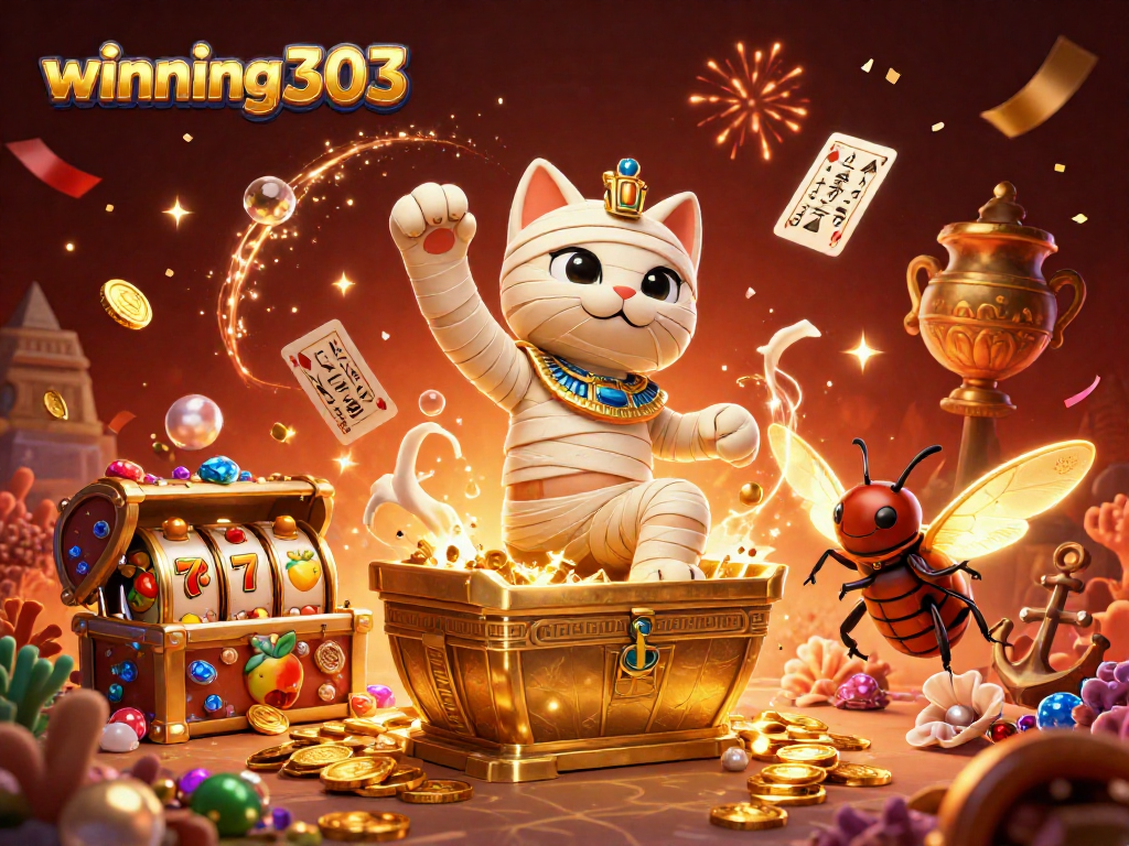 Winning303 presents an exciting casino scene with a mummy cat and treasures exploding in celebratory style.