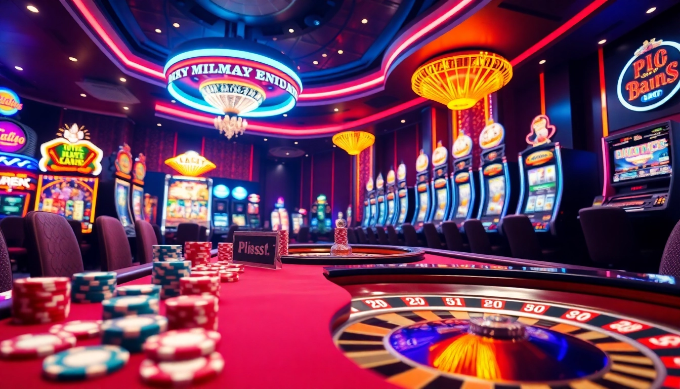Engage with thrilling porn games at a vibrant casino featuring glowing slot machines and poker tables.