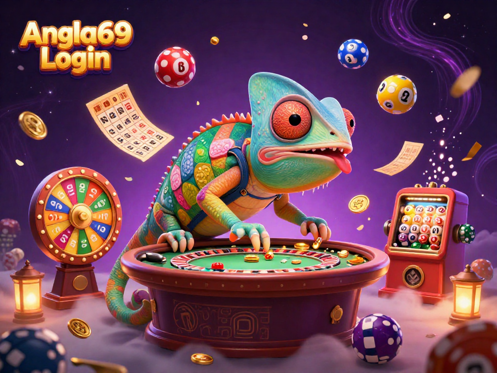Play exciting games at Angka69 Login with colorful lottery and bingo elements in a vibrant casino scene.