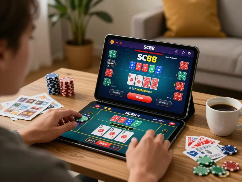 Engaging SC88 online gaming moment on tablet, showing live dealer game action in cozy setting.