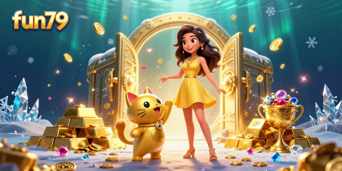 Engage in thrilling fun79 gaming with a cheerful player and lucky cat amidst sparkling gold and gems.