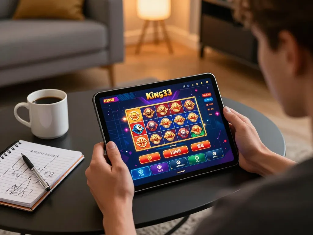 Engaging King33 online gaming experience on a tablet, set in a cozy living room.
