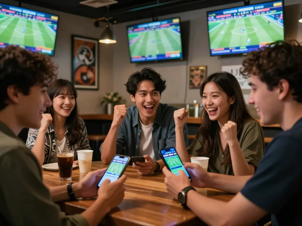 Friends enjoying live sports betting at nhà cái 8xbet, placing bets on smartphones in a lively bar atmosphere