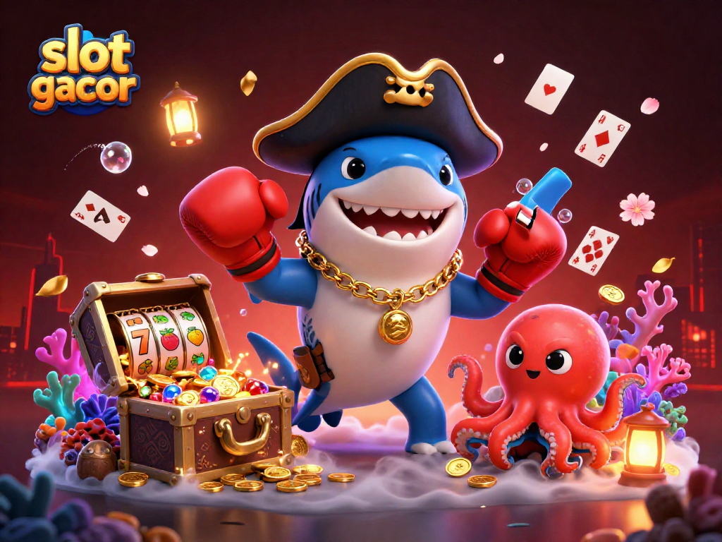 Engaging scene with characters celebrating a slot gacor jackpot amidst treasure and colorful casino elements.