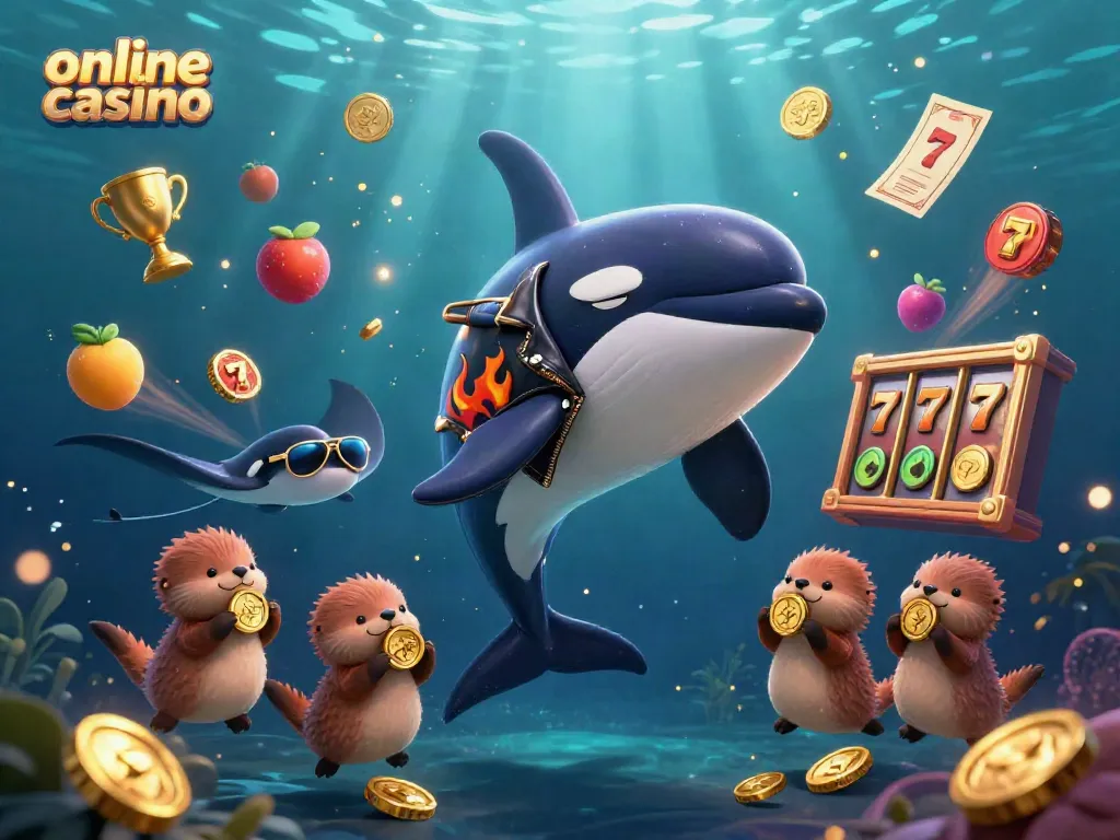 Experience an exciting scene featuring a whale, stingray, and otters in a vibrant online casino setting.