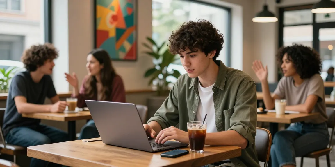 A young adult discussing nsfw content at a trendy coffee shop with a laptop and friends.