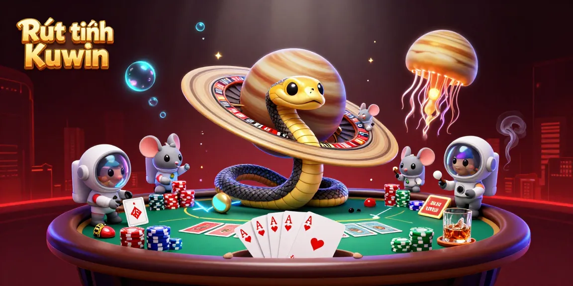 Engaging scene depicting Rút tiền Kuwin with cartoon snakes and astronauts in a vibrant casino atmosphere