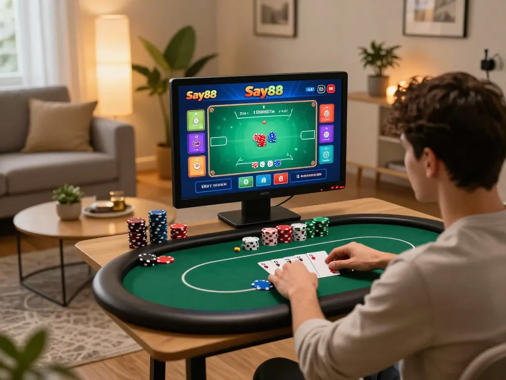 Player enjoying online casino gaming on Say88 app in cozy home setting