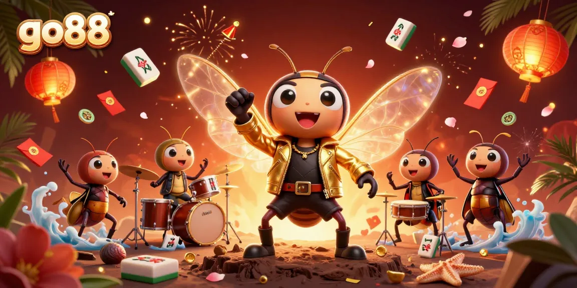 Engage with go88's vibrant 3D scene featuring a rock star cicada and casino elements.