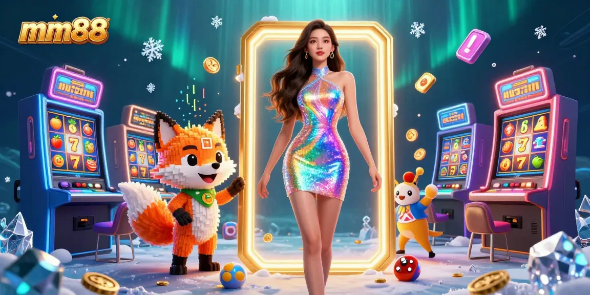 Experience thrilling slots action with mm88 in a vibrant 3D casino scene filled with colorful characters and games.