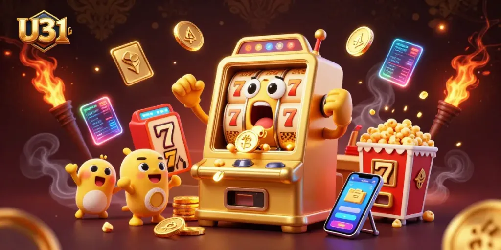 U31 celebrates wins with golden slot machines and crypto elements in a vibrant casino scene.