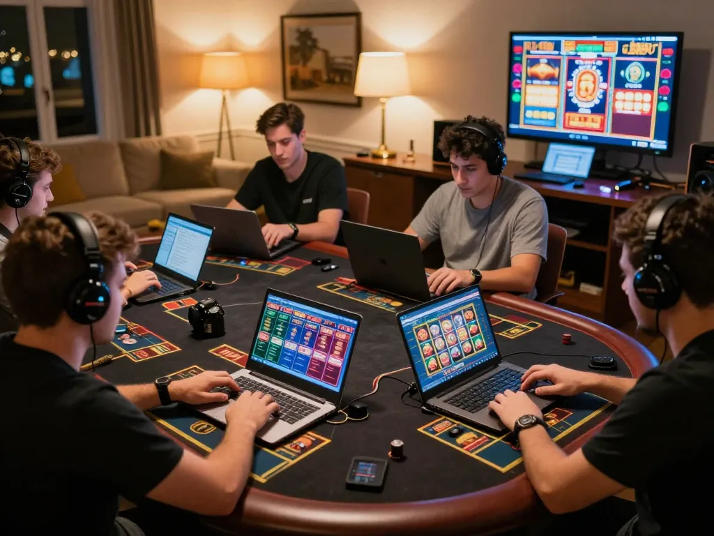 Players actively engaging in SC88VN online casino gaming with laptops and smartphones, showcasing the excitement of online gambling.