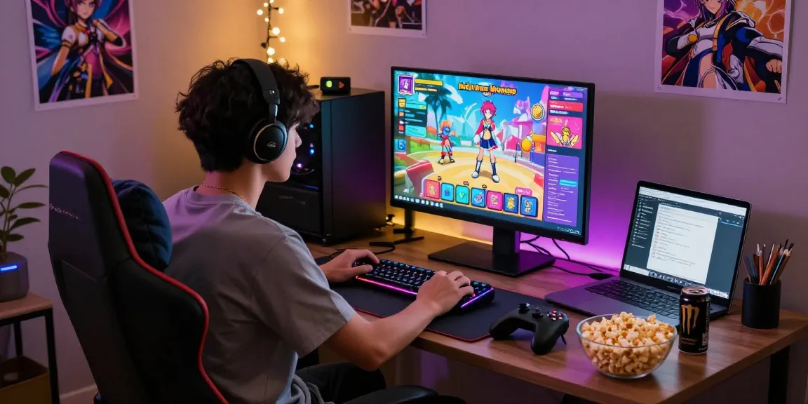 Gamer immersed in an ecchi game in a cozy bedroom setting, showcasing vibrant graphics and gaming accessories.