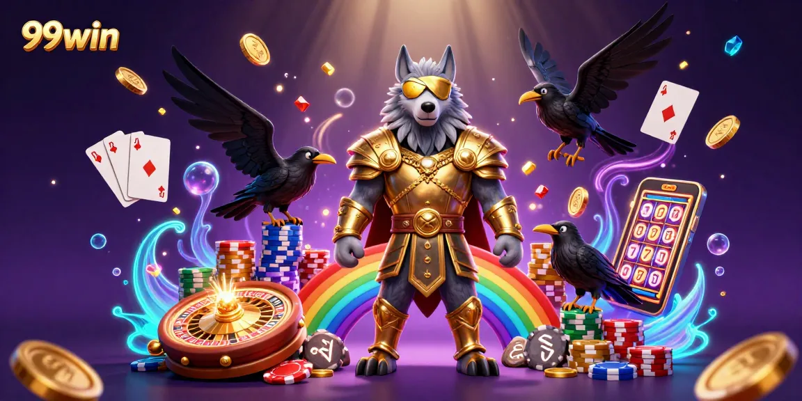 Experience thrilling casino gaming with 99win, featuring vibrant characters in action-packed illustrations.
