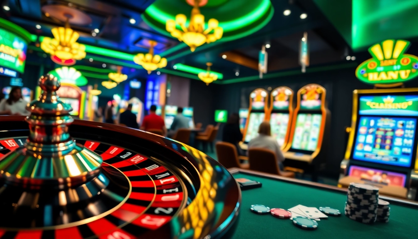 Spannende Spieler, die casino online spiele in einem lebhaften Casino erleben.