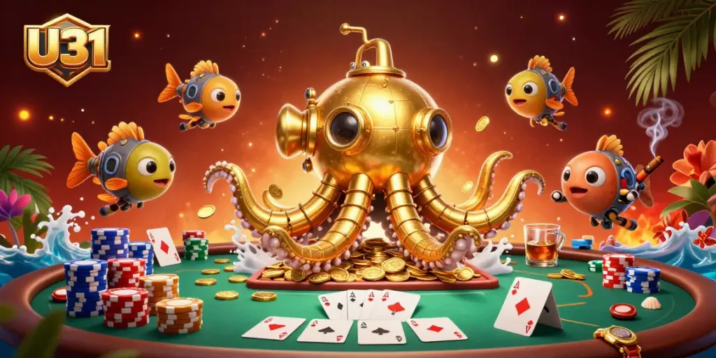 Play U31 with a captivating kraken submarine amid golden coins and poker stakes.