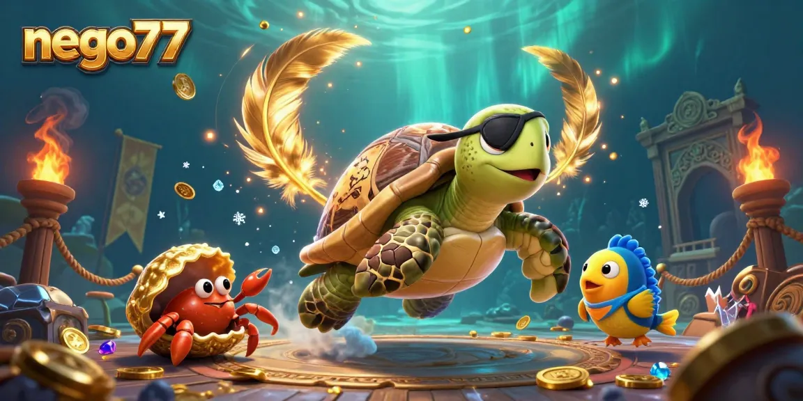 Nego77 showcases a vibrant 3D scene of gambling elements with pirate turtle and friends amidst treasure.