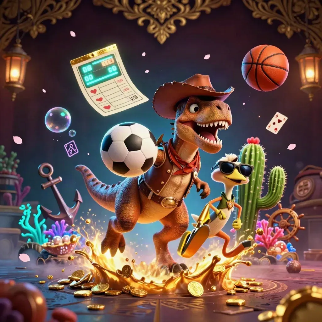 Cowboy T-Rex trio with treasure cove sports chaos, glowing casino-luxe fantasy scene
