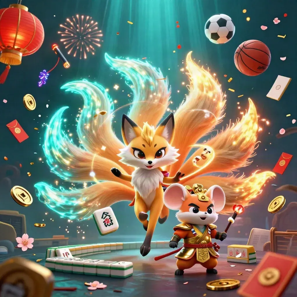 Fox spirit and armored mouse amid casino-gold sports props, sparks, and underwater light