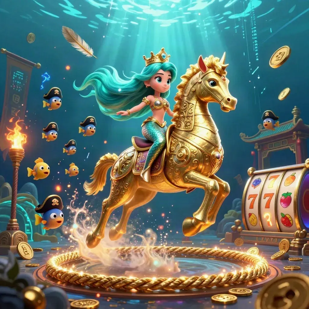 Mermaid princess rides armored seahorse through neon reef treasure with pirate fish and glowing slot symbols.