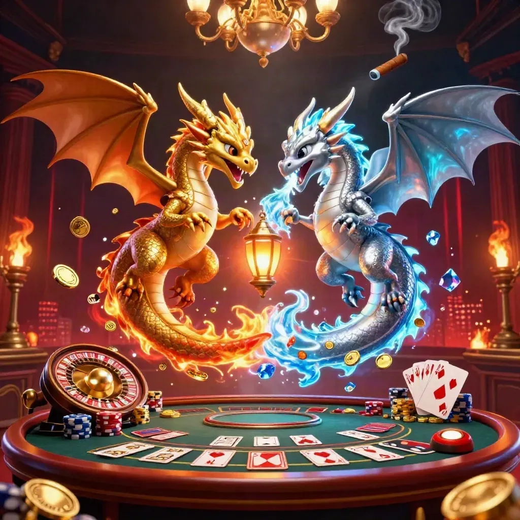Twin gold and silver dragons spiral through a luxe casino scene with coins, gems, and neon firelight.
