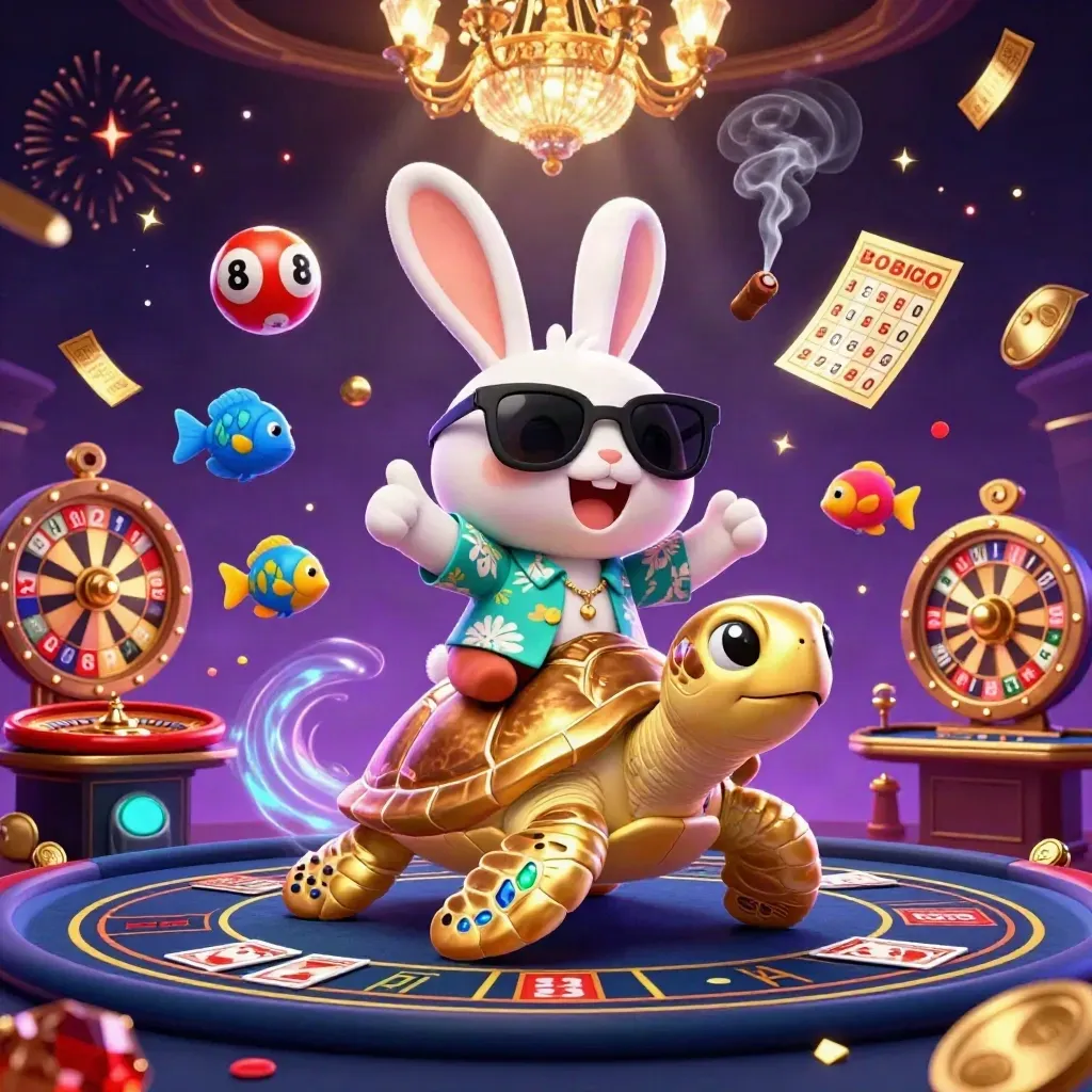 Lucky rabbit rides a golden sea turtle amid casino lights, fireworks, coins and sparkles