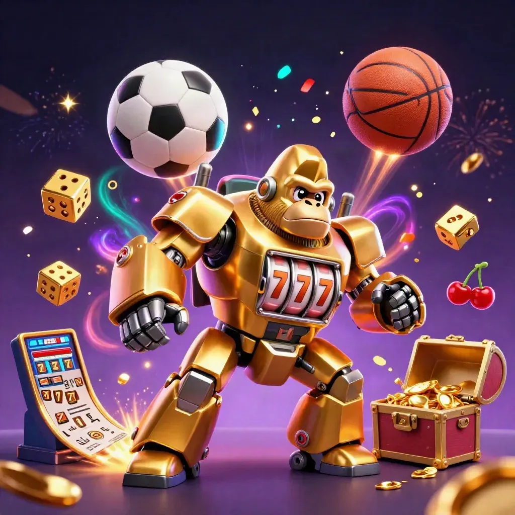 Golden gorilla mech with monkey pilot, slot burst, flying balls, gold, sparks, and casino energy
