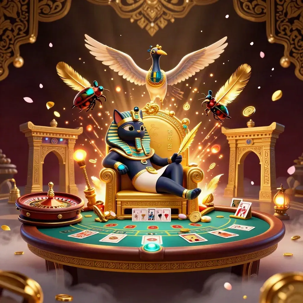 Pharaoh cat throne scene with ibis scribe, gem-winged scarabs, gold glow, and casino luxury