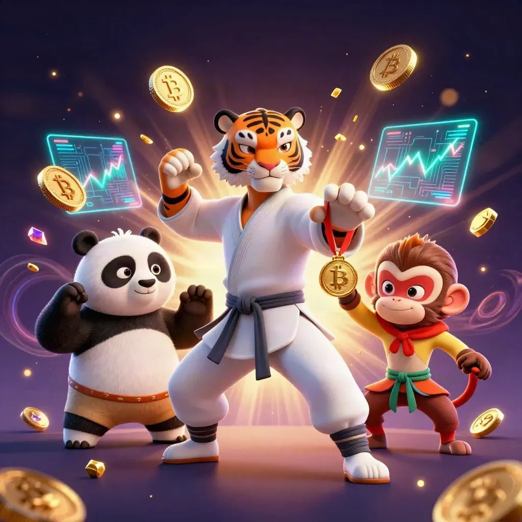 Kung-fu tiger, panda, and monkey amid neon coins and magical casino energy.