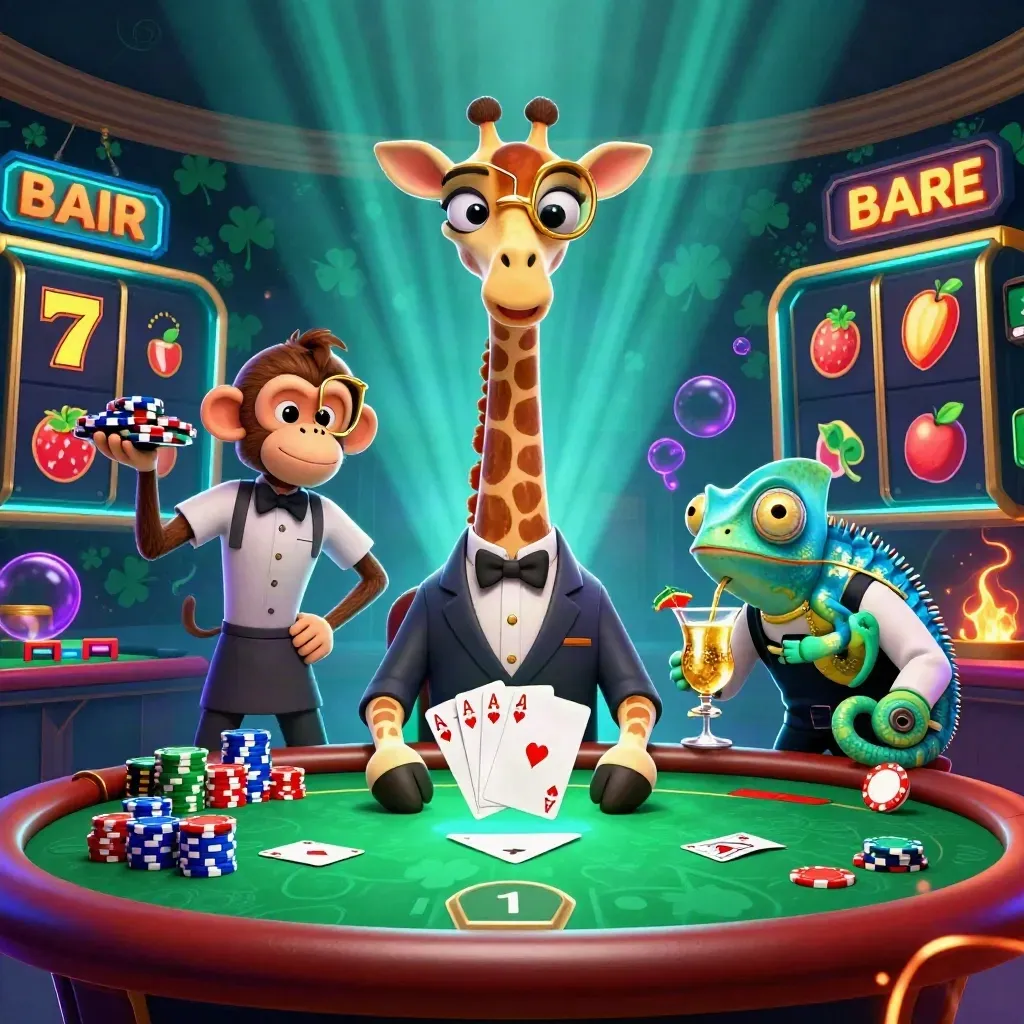 Giraffe, monkey, and chameleon at a poker table with chips, aces, and glowing casino effects