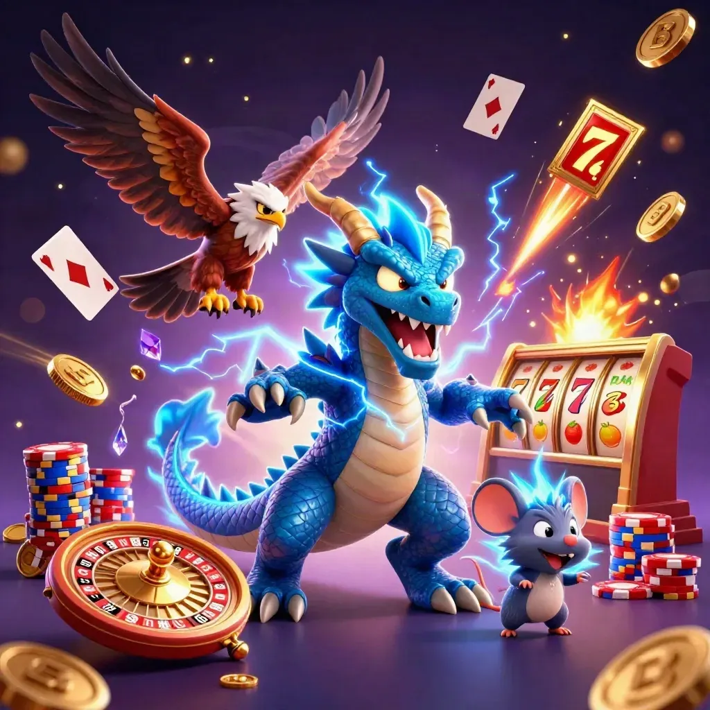 Thunder dragon, hawk, and mouse blasting coins, gems, chips, and casino relics in neon casino art.