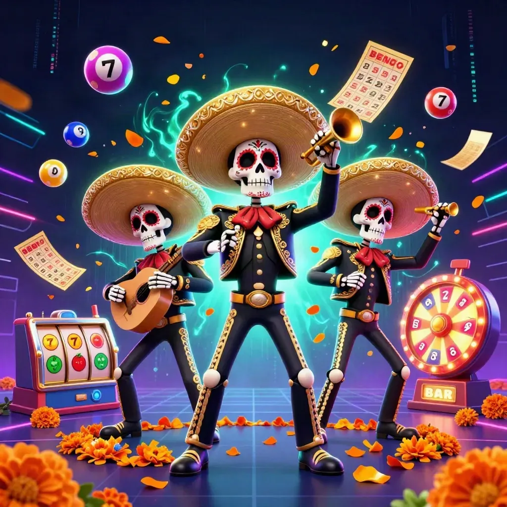 Teal-lit skeleton mariachi trio amid jackpot sparks, lotto balls, bingo card, and casino neon